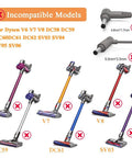 Incompatible models for Cordless Vacuum Charger For DC30 DC31 DC34 DC35 DC44 DC45 DC56 DC57, showing V6 V7 V8 illustrations.