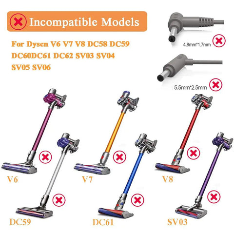 Incompatible models for Cordless Vacuum Charger For DC30 DC31 DC34 DC35 DC44 DC45 DC56 DC57, showing V6 V7 V8 illustrations.