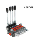 Hydraulic 4-spool control valve with four lever actuators, gray body and red port caps, front view.