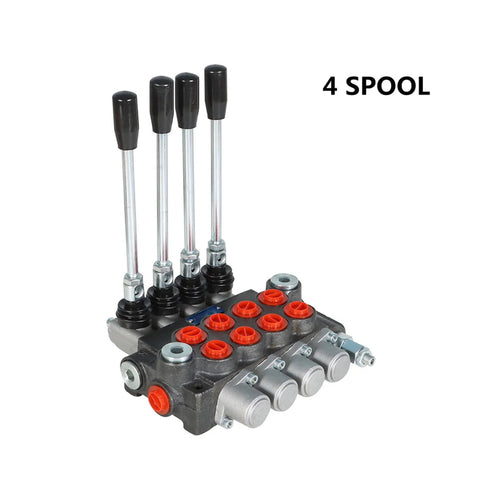 Hydraulic 4-spool control valve with four lever actuators, gray body and red port caps, front view.