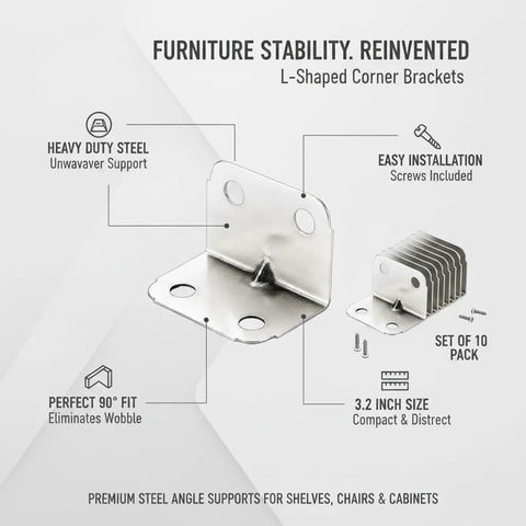 L Shaped Steel Corner Brackets For Cabinets Chairs And Shelves 10 Pack With Screws for strengthening furniture joints.