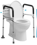 Adjustable Toilet Safety Rails With Hella Tough Handles Builds Rock Solid Support Structure for Elders and Disability Needs Supplies Badass Weight Capacity and Gnarly Anti Slip Texture Secures Your Daily Flush Routine in Black next to a toilet.