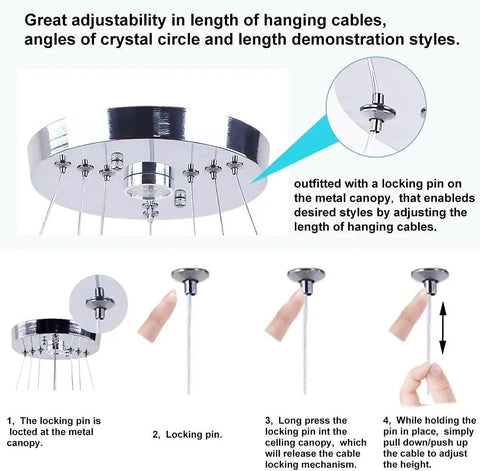 LED Modern Crystal Ring Pendant Chandelier With Two Adjustable Rings And K9 Crystals, Stainless Steel Ceiling Light Fixture, 19.7 By 11.8 Inches, Adjustable Cable Height Up To 44.3 Inches, White Finish For Dining Room And Living Room