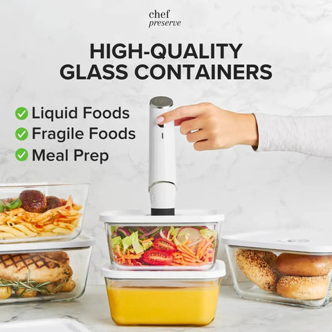 Hand using sealer on Compact Vacuum Sealer Kit With Glass Storage Containers And 30 Reusable Bags Fast Handheld Food Saver