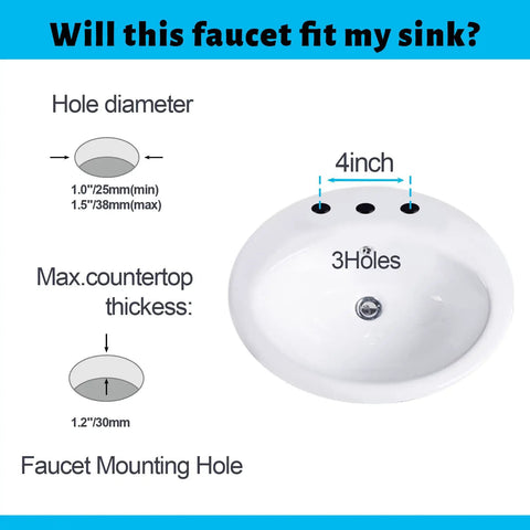 Diagram showing measurements for 4 Inch Centerset Vanity Sink Faucet With Dual Handle Waterfall Spout Three Hole Basin Mixer Dope Matte Black Finish With Overflow Pop Up Drain Easy Install Bathroom Tap For Modern Bathrooms installation compatibility.