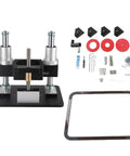 Rock Solid Aluminum Router Lift System For Dead Nuts Height Adjustment And Top Shelf Woodworking Control With Spot On Precision Above Table Setup For Tenoning Grooving Trim Black with mounting parts and tools.