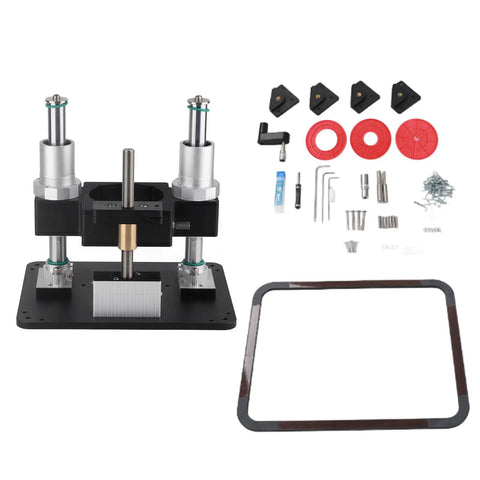 Rock Solid Aluminum Router Lift System For Dead Nuts Height Adjustment And Top Shelf Woodworking Control With Spot On Precision Above Table Setup For Tenoning Grooving Trim Black with mounting parts and tools.