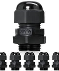 Six Pack One Half Inch NPT Black Adjustable Cable Glands IP68 Waterproof Electrical Connectors Nylon Cord Grips Strain Relief For Electrical Boxes No Fuss Install, front view