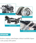 Image showing applications of a Three Inch V Band Exhaust Clamp With Flange Stainless Steel For 3 Inch Exhaust Piping on engines, turbochargers, EGR systems, and exhaust manifolds.