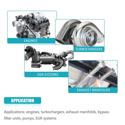 Image showing applications of a Three Inch V Band Exhaust Clamp With Flange Stainless Steel For 3 Inch Exhaust Piping on engines, turbochargers, EGR systems, and exhaust manifolds.