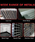 Image showing a variety of metals including cast iron, sheet metal, metal cage, square pipe, and stainless steel for welding.
