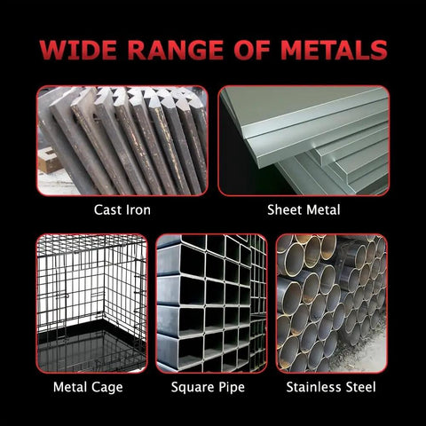 Image showing a variety of metals including cast iron, sheet metal, metal cage, square pipe, and stainless steel for welding.