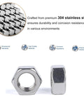 20 Pack 5/16-18 Hex Nuts Made From Workhorse Grade 304 Stainless Steel showing exterior and interior details for durability and fastening.