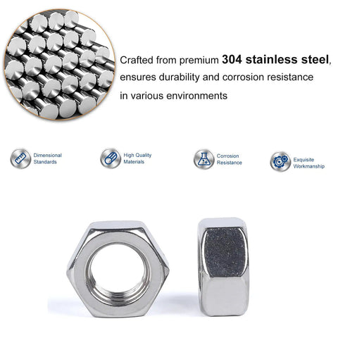 20 Pack 5/16-18 Hex Nuts Made From Workhorse Grade 304 Stainless Steel showing exterior and interior details for durability and fastening.