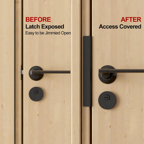 Heavy Duty Swing Out Door Latch Guard With Solid One Inch Offset Cover Locking Down card tricks and prying for top notch Hella Secure Vehicle Armor, showing door latch before and after installation.