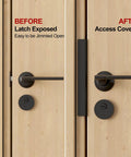 Heavy Duty Door Latch Guard Plate With One Inch Offset Cover To Block Credit Card Shims And Stop Swing Door Prying For Lockdown Home Defense And Legit Tight Steel Security Shielding comparison of exposed latch vs covered access on wooden door.