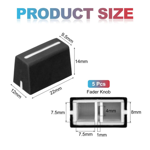 Universal Fader Knobs Replacement Rubber Caps dimensions with 4mm to 8mm hole fit, shown in black, thick grippy rubber.