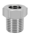 Stainless Steel NPT Adapter Converting 1 16 Female To 1 8 Male Thread Specs For Auto Mechanic Needs Ensuring Zero Leak Risks With Secure Grip On Any Pipe System Today It Holds Up Well And Prevents Damage Saving You Cash On Repairs Today. close-up stainless steel NPT adapter, 1/16 female to 1/8 male threads