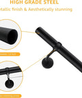 Close-up of Rock Solid Steel Staircase Handrail showing 1.6 inch diameter with matte black finish and retaining screw for safety.