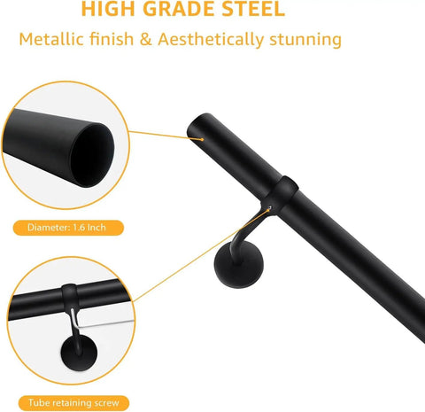 Close-up of Rock Solid Steel Staircase Handrail showing 1.6 inch diameter with matte black finish and retaining screw for safety.