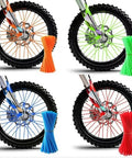 Four dirt bike wheels with 72Pcs Universal Spoke Skins Set For Dirt Bike BMX MTB And Motorcycle Wheels in various colors, 8-21 inch rims.