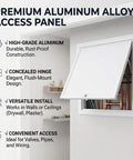 Slick White Attic Access Panel Door For Drywall With Zero Fuss Install Sturdy Aluminum Frame with open view of interior pipes and wires.