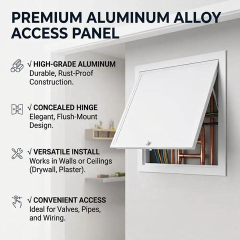 Slick White Attic Access Panel Door For Drywall With Zero Fuss Install Sturdy Aluminum Frame with open view of interior pipes and wires.