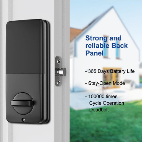Smart Lock With Keypad And Fingerprint 5 In 1 Access Control For Home Security, black back panel on door, exterior view