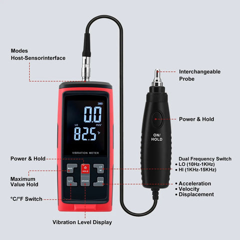 3 In 1 Digital Vibe Meter With Magnetic And Long Probes For ISO 10816 Analysis Tracks Acceleration Up To 199.9 m/s^2