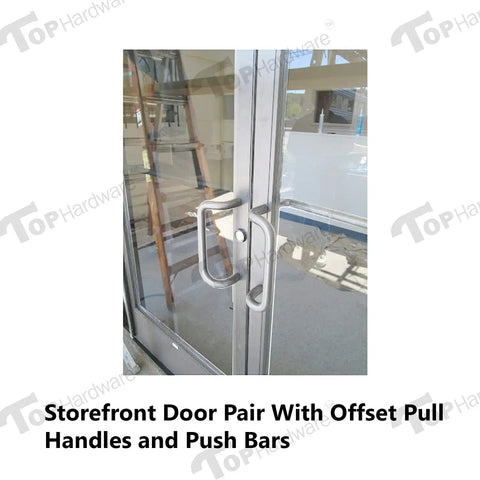 Premium Aluminum Push Bar With 10 Inch Center To Center Pull Handle Set In Satin Brush Finish For Glass And Metal Storefront Doors, Heavy Duty Commercial Door Hardware For High Traffic Areas on glass storefront doors