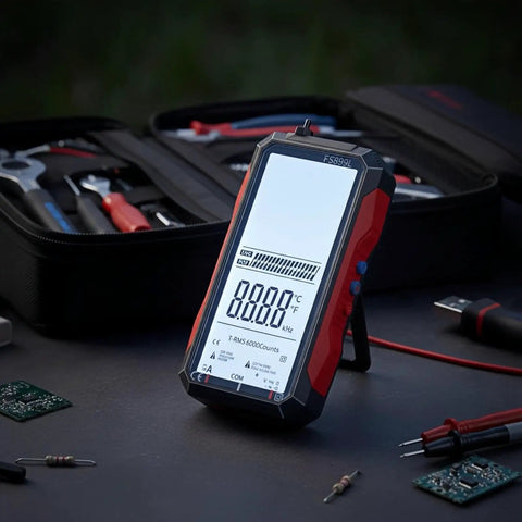 USB Rechargeable Digital Multimeter With True RMS And 6000 Counts, color LCD screen, shown in a toolkit with auto ranging features
