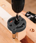 Dead Straight Self Centering Doweling Jig Badass Accuracy Handheld Drill Guide Heavy Duty Woodworking Hole Locator in use with drill.