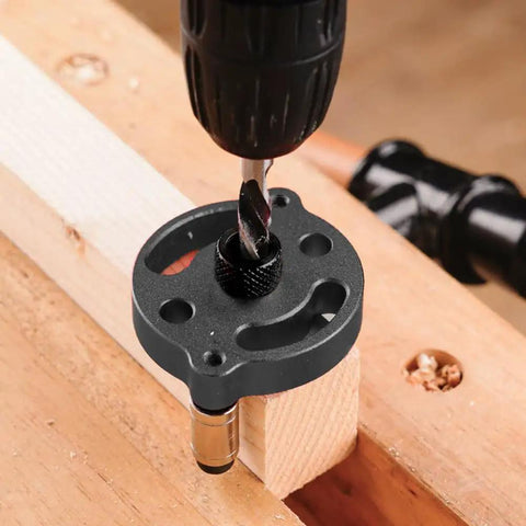 Dead Straight Self Centering Doweling Jig Badass Accuracy Handheld Drill Guide Heavy Duty Woodworking Hole Locator in use with drill.