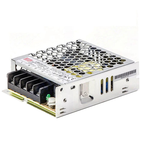 Rock Solid Heavy Duty 50W 24V Switching Power Supply Ultra Slim 1U Frame showing metal casing and fanless design for tech projects.