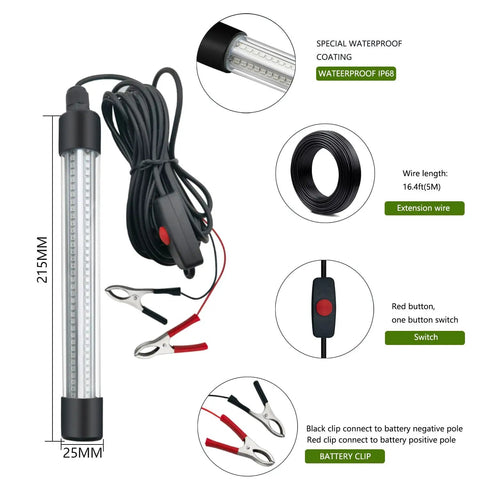 12V Green Underwater Night Fishing Light 20W LED With 2000 Lumens IP68 Waterproof Fish Attracting Lamp with 5m cord and clips