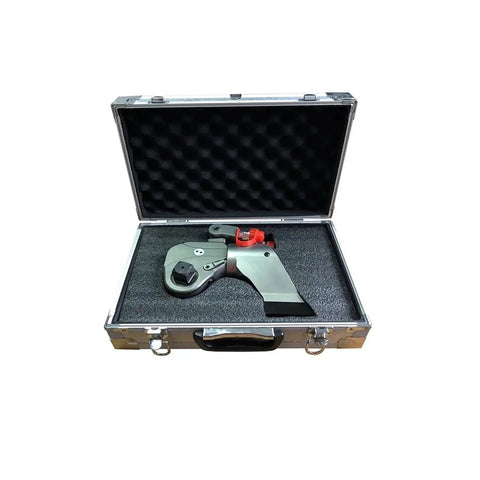 Heavy Duty Hydraulic Torque Wrench With Square Drive Electric Pump Built Like Iron Using Lightweight Alloy Steel And Featuring A Smooth 360 Degree Swivel Head For Zero Drama Bolt Work in a rugged carrying case.
