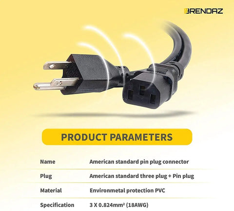 Close-up of 3 Prong AC Power Cord For PC, Monitor, Printer Replacement Cable - IEC 320 C13 To NEMA 5-15P, heavy-duty PVC material