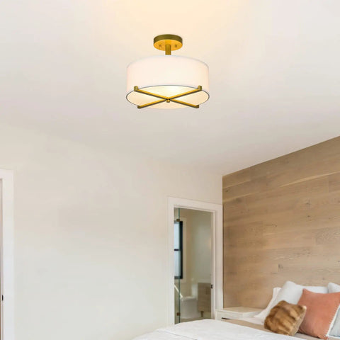 Gold Brass Drum Ceiling Light Fixture With Fabric Shade Modern Semi Flush Mount Three Light Fixture For Living Room Bedroom