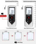 Backlit Laser Distance Meter With 0.5 Second Readings, Measures Up To 328 Feet, Ultra Accurate 2mm Precision, Class 2 Laser, Handy Multi Mode Range Finder For DIY, Construction, Real Estate, And Interior Design. front and back reference point screen