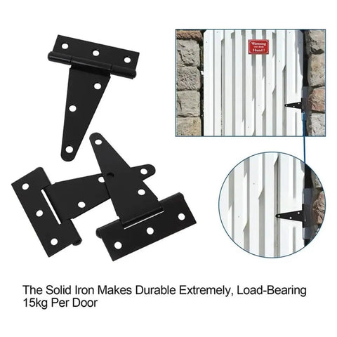 Beefy Heavy Duty Metal Door Hinges Set Ten Pack 3/4/6 Inch with T Shape 270 Degree Rotation shown on white gate