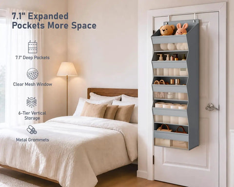 Five Tier Over The Door Hanging Storage Rack With Super Deep Pockets Absolute Game Changer For Cramped Dorm Rooms And RVs, 7.1" deep pockets