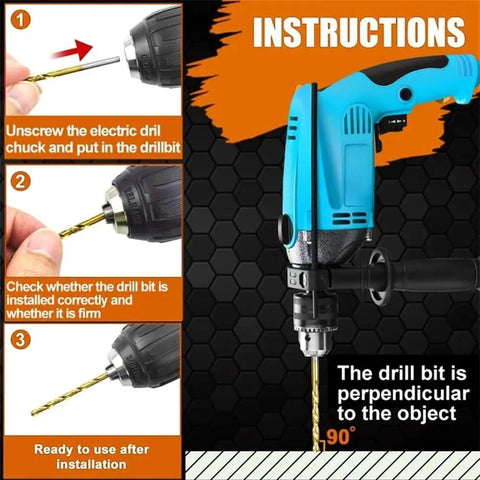 Instructions for electric drill use with HSS twist bits from the 13PC Drill Bit Set For Glass Metal Tile And Concrete.