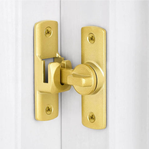 90 And 180 Degree Adjustable Barn Door Lock For Privacy And Security shown installed on a white door, gold aluminum alloy latch.