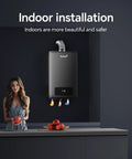 Heavy Duty Natural Gas Tankless Water Heater 8.5 GPM 190000 BTU Indoor Unit installed in modern kitchen with apple basket.