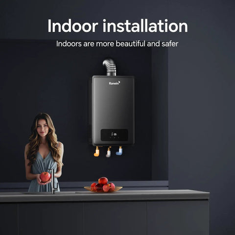 Heavy Duty Natural Gas Tankless Water Heater 8.5 GPM 190000 BTU Indoor Unit installed in modern kitchen with apple basket.