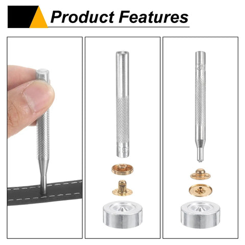Badass 24 Pack Gold Brass Snap Buttons With 4 Heavy Duty Setting Pliers For Hella Tough Leather Jackets Bags And Marine Canvas Outerwear Sewing Repair Kits showing setting pliers and brass snap components.