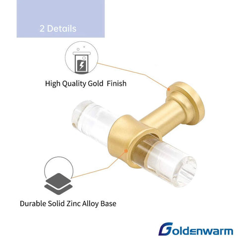 10 Piece 5 Inch Gold Cabinet Handles Set Crystal Acrylic Drawer Pulls With Brushed Brass Finish, showing high quality gold finish and zinc alloy base