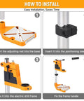 Install steps for Adjustable Universal Drill Press Stand With Heavy Duty Aluminum Base For Precision Woodworking.