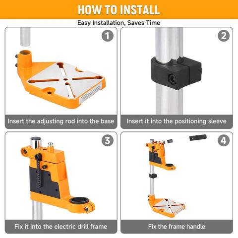 Install steps for Adjustable Universal Drill Press Stand With Heavy Duty Aluminum Base For Precision Woodworking.