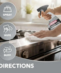 Person using Stainless Steel Cleaner And Polish Kit, 2 Pack With Anti Fingerprint Spray And Microfiber Cloths on appliance.